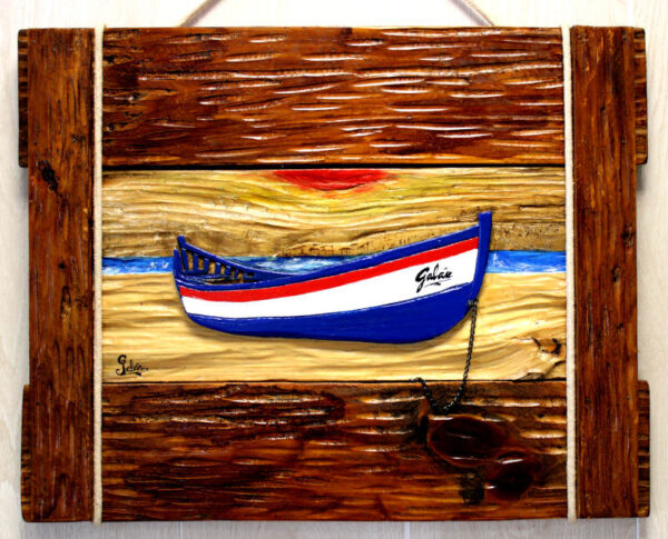 Cuadro Barco tallado en madera a color