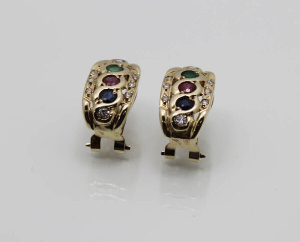Pendientes Rubi.Zafiro azul.Esmeralda y Circonitas en Oro 18k - Imagen 4