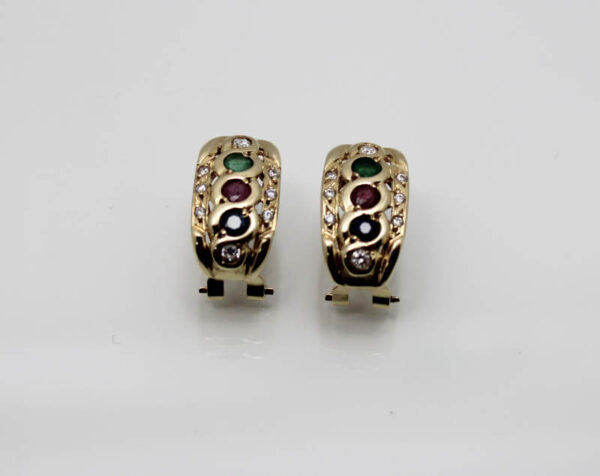 Pendientes Rubi.Zafiro azul.Esmeralda y Circonitas en Oro 18k - Imagen 3