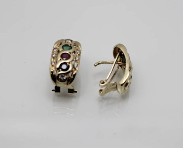 Pendientes Rubi.Zafiro azul.Esmeralda y Circonitas en Oro 18k - Imagen 2