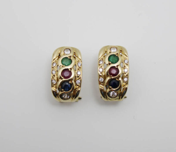 Pendientes Rubi.Zafiro azul.Esmeralda y Circonitas en Oro 18k
