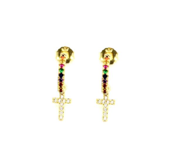 Pendientes medio aro con abalario colgando en plata ley chapada en oro piedras circonitas de colores