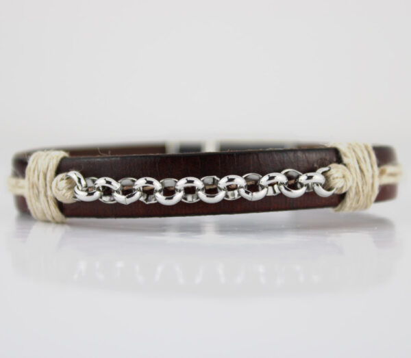 pulsera acero y cuero marrón con pespunte
