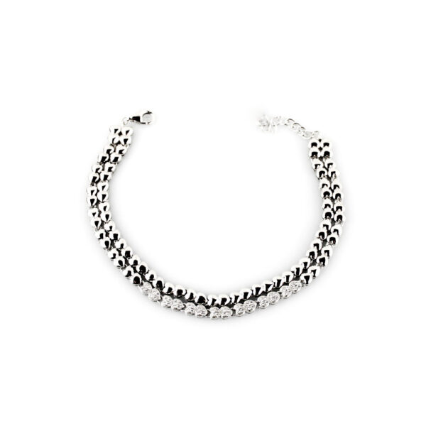 Pulsera en Plata ley 925 Rodiada con chapa cubierta de piedras Circonitas transparente. Largo 19-22 cm extensible y cierre mosquetón