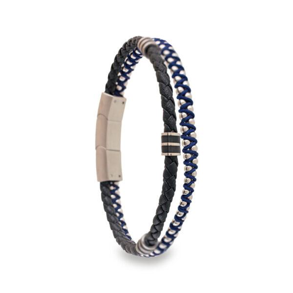 Pulsera Doble Hilo Cuero y acero Azul y Negro Avanty