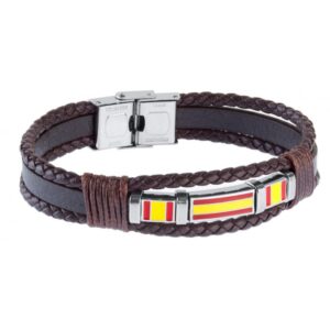 Pulsera de la marca DUWARD. Ref. DT3036.00.Con tres Hilos de piel marrón uno plano y dos laterales trenzados. En Acero con el color de la bandera de ·España