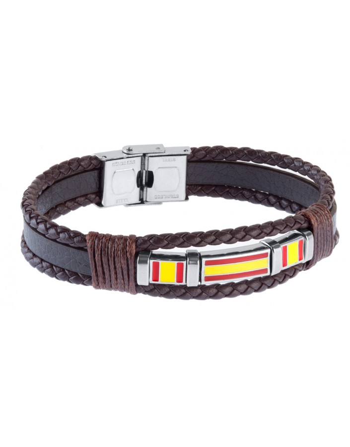 Pulsera de la marca DUWARD. Ref. DT3036.00.Con tres Hilos de piel marrón uno plano y dos laterales trenzados. En Acero con el color de la bandera de ·España