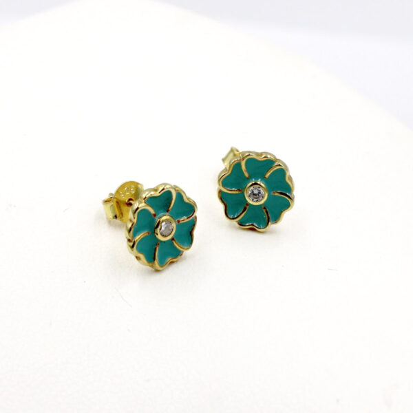 Pendientes Flor Turquesa en Plata Ley Dorada - Imagen 3