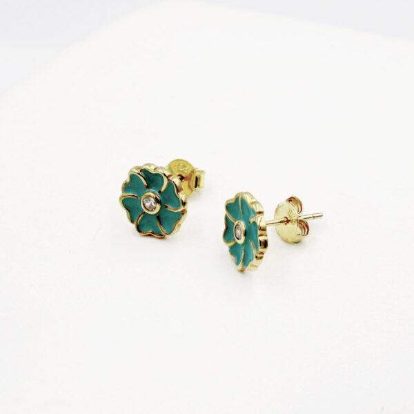 Pendientes Flor Turquesa en Plata Ley Dorada - Imagen 2